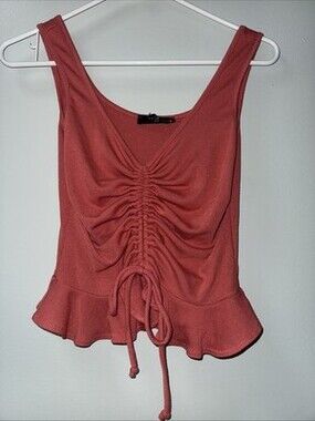21 Saints Tank Pink Drawstring Front Ruffle Peplum Ribbed Y2K Coquette Boho